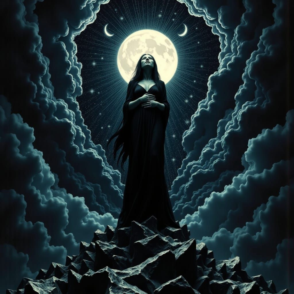 Surreal Goddess of the Night Illuminated by Ethereal Moons a...