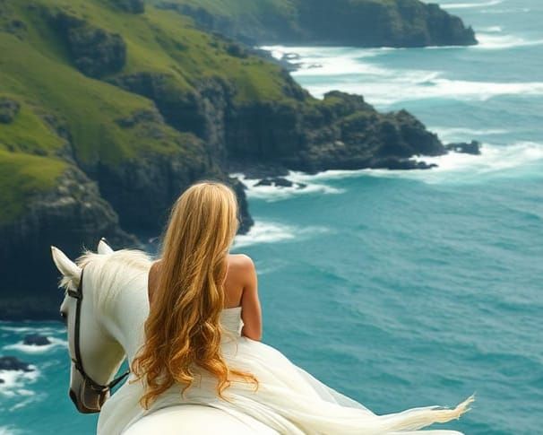 Woman on White Horse by Ocean Shore