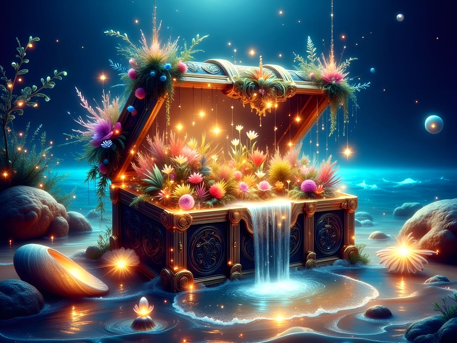 Coral Reef Treasure Chest with Tropic Flowers