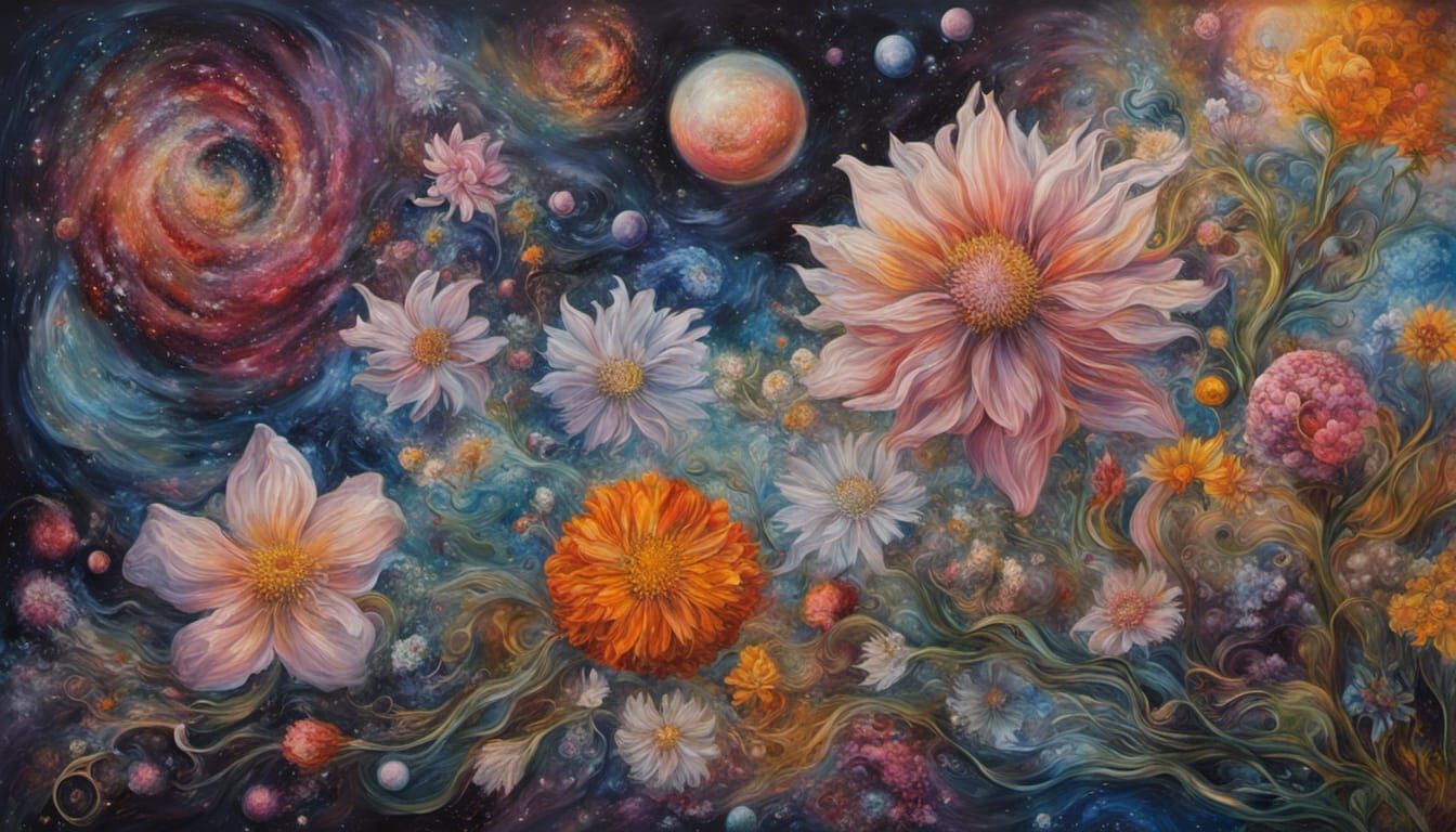 Cosmic Universe of Flowers in Oil Painting