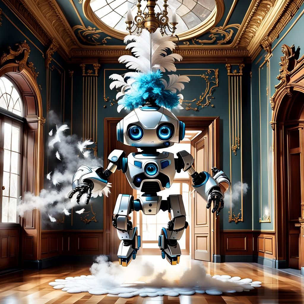 Cute Cleaning Robot in Mansion: 3D Digital Art