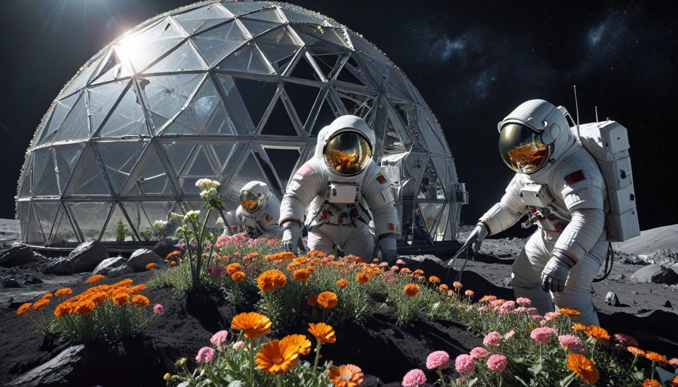 Lunar Gardeners: Astronauts Cultivating Flowers on the Moon