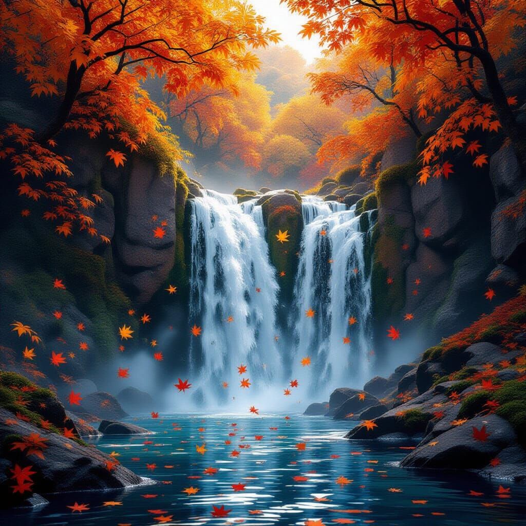Autumn Leaves Waterfall in Detailed Matte Painting Style