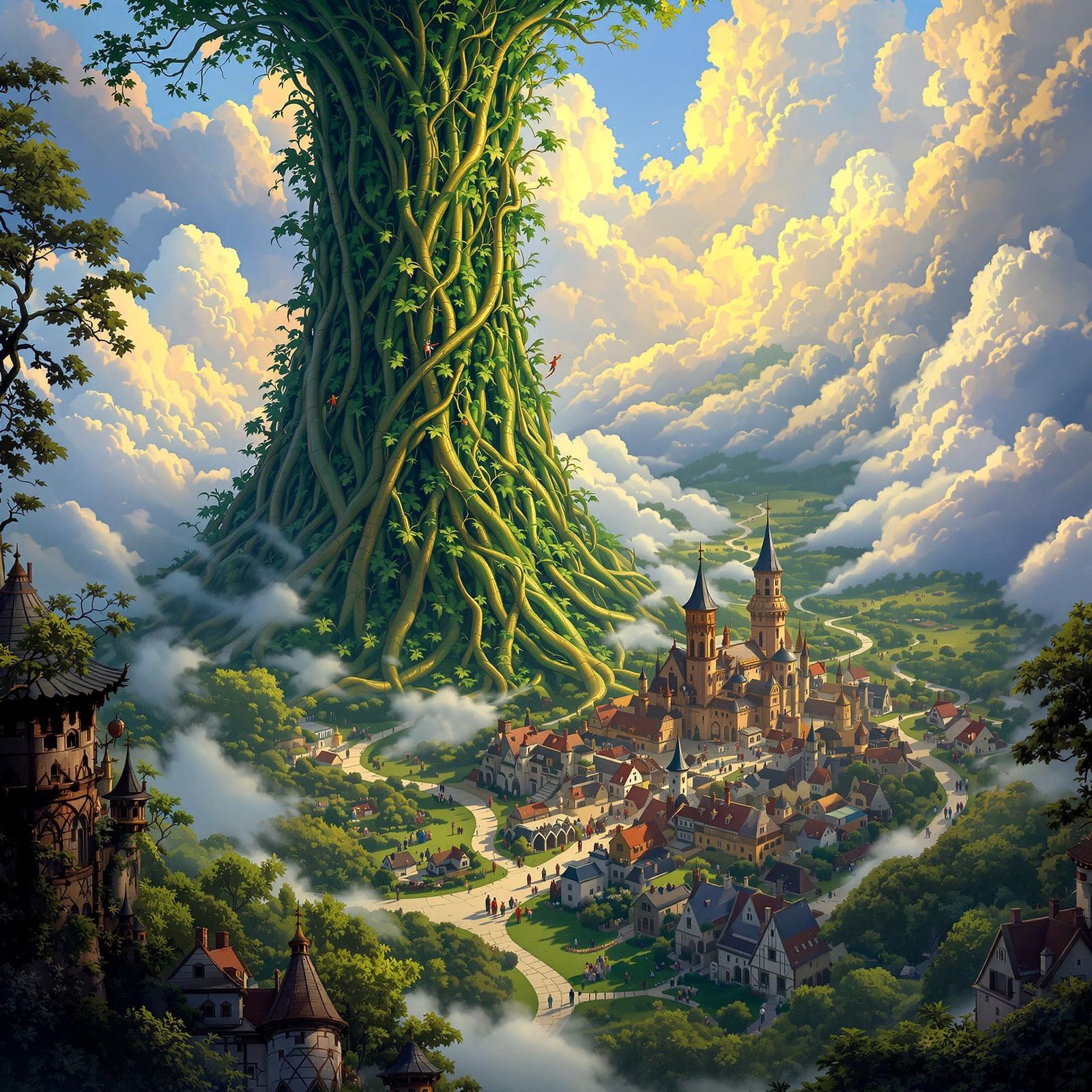 Massive Beanstalk to Cloud Kingdom Over Medieval Village