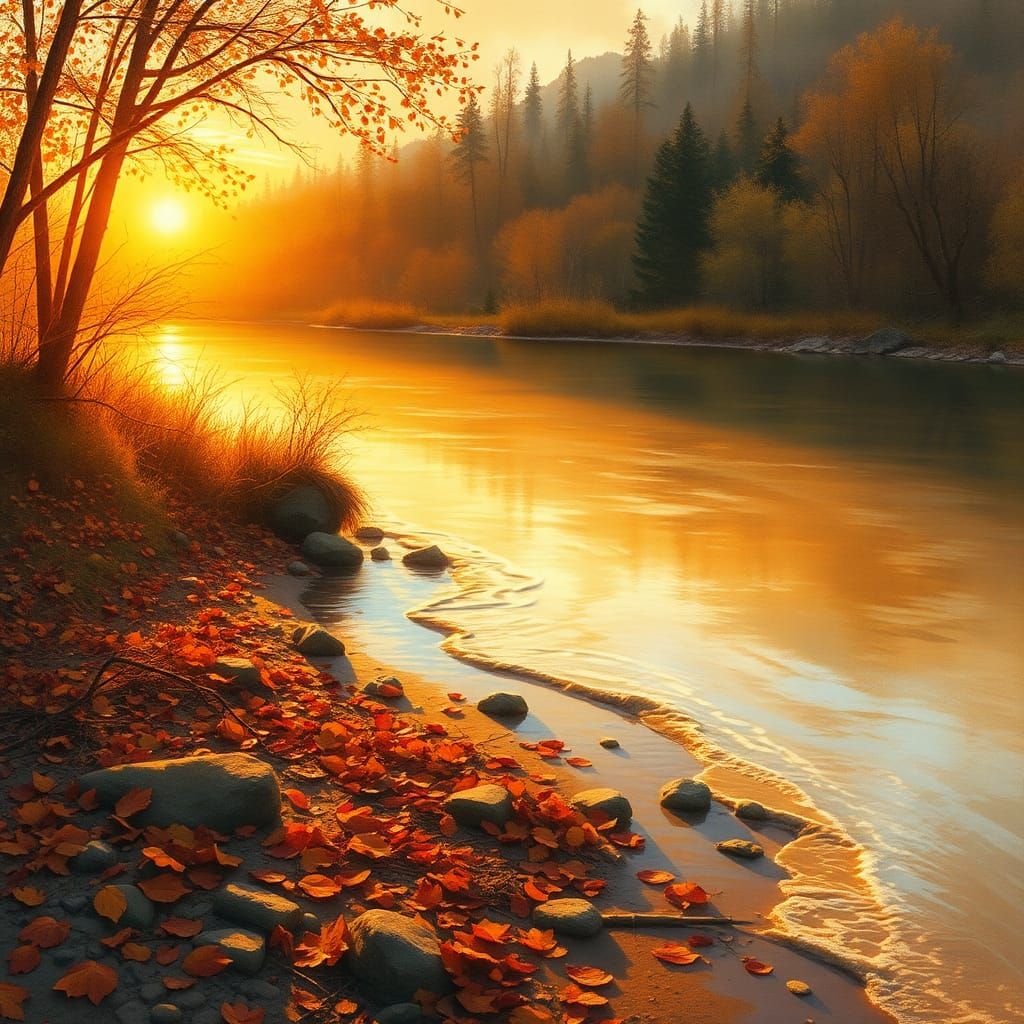Golden Light on Autumn Riverbank as Impressionist Painting