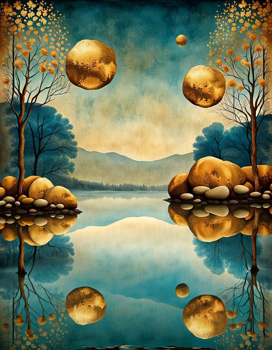 Stones Skipping on Petrol Blue Lake, Decalcomania Art