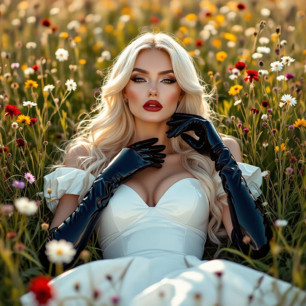 Blonde Woman in Latex Dress in Wildflower Field