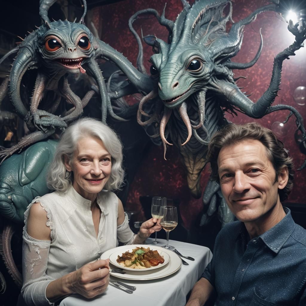 Smiling Aliens Celebrate in Futuristic Home, Hyperrealism