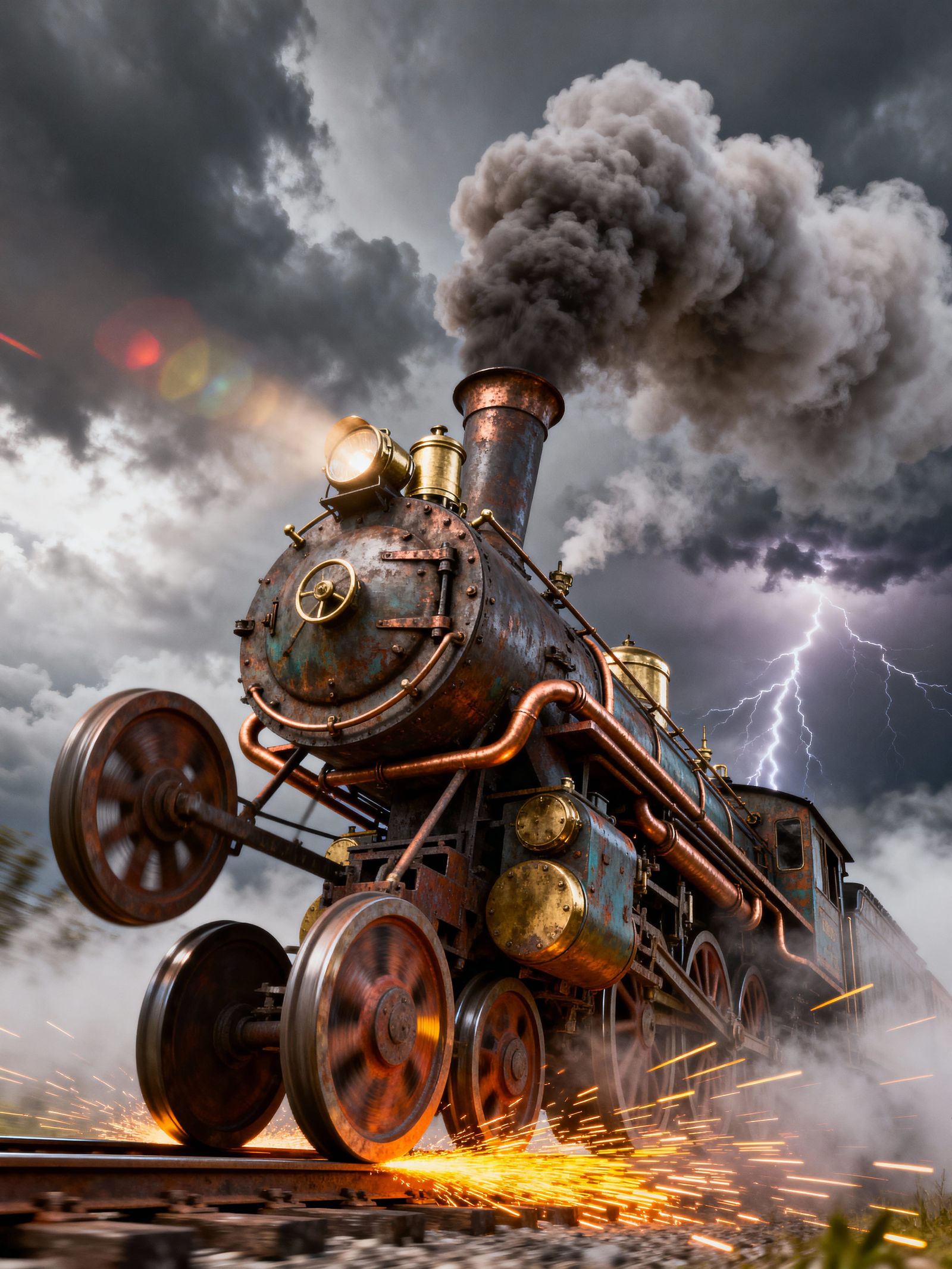 Vintage Steam Train Loops Vertically in Stormy Sky