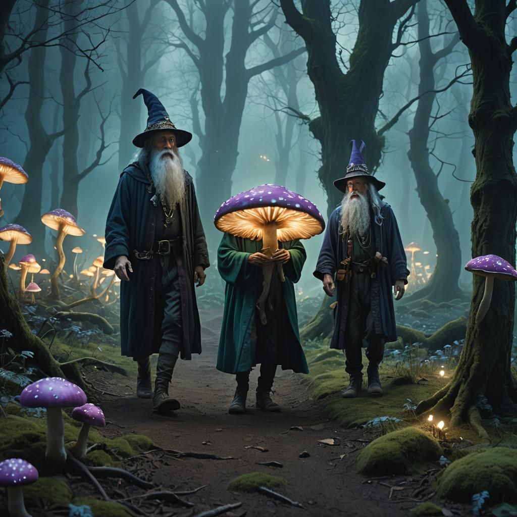 Mystical Wizards Stroll in Bioluminescent Forest