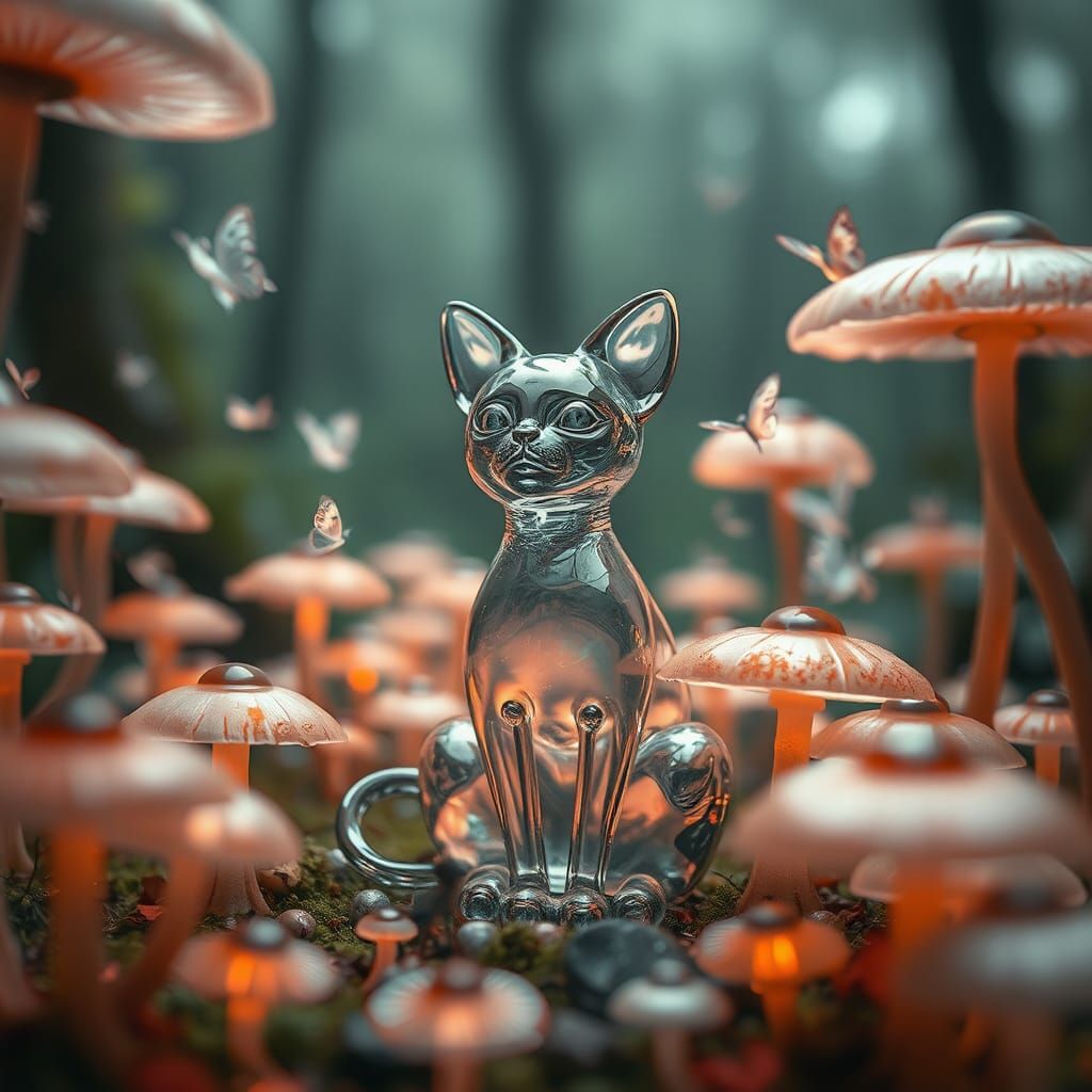 Glass Cat in Mystical Forest: a Sci-Fi Dreamscape