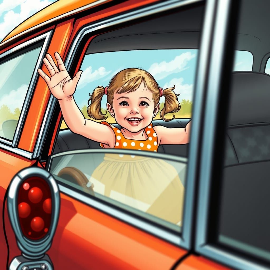 Girl Waving from Car Window in Comic Book Style