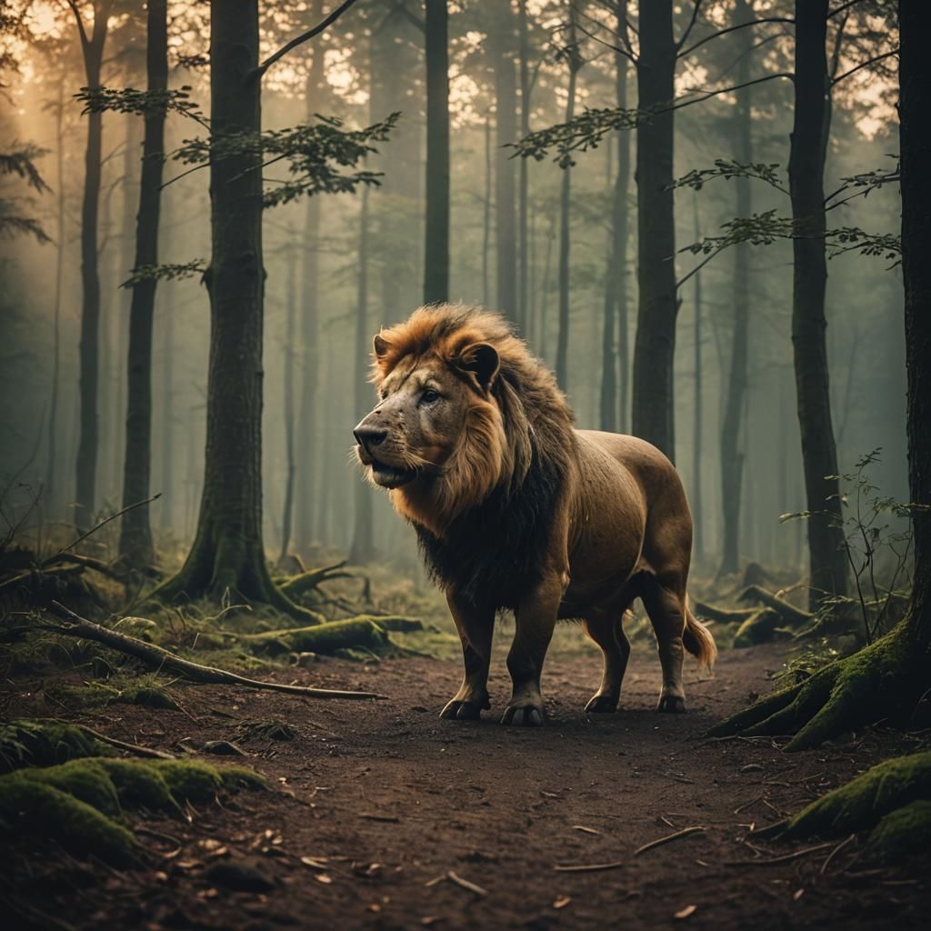 Pig-Lion Hybrid in Misty Forest: Cinematic Still