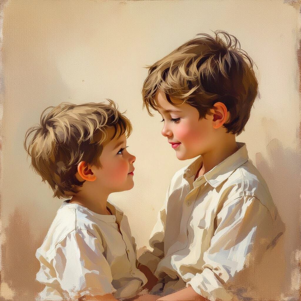 Tender Moment: Boy and Brother in Impressionistic Oil Painti...