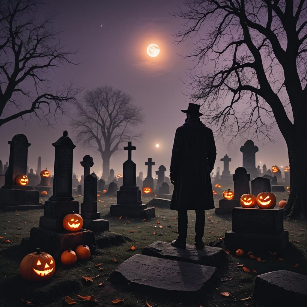 Eerie Graveyard Scene with Jack-o-Lanterns in Dark Romantici...