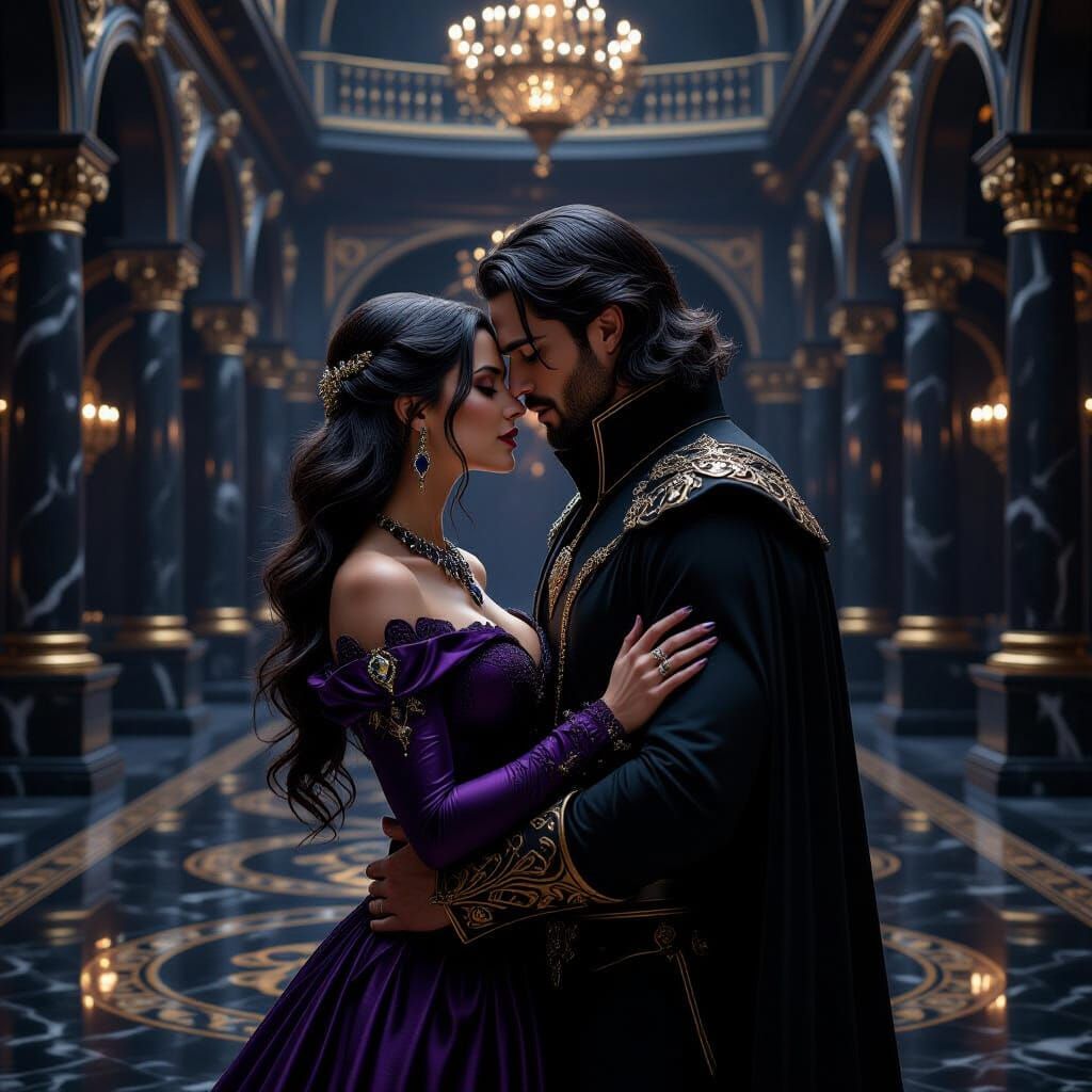 Powerful Couple Embracing in Dark Fantasy Ballroom