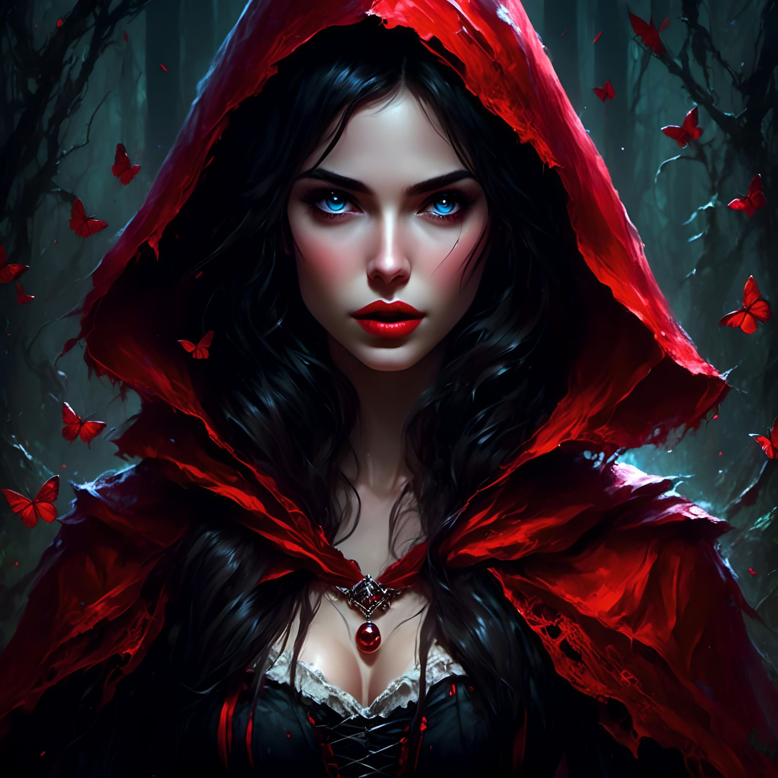 Gothic Little Red Riding Hood in Dark Garden