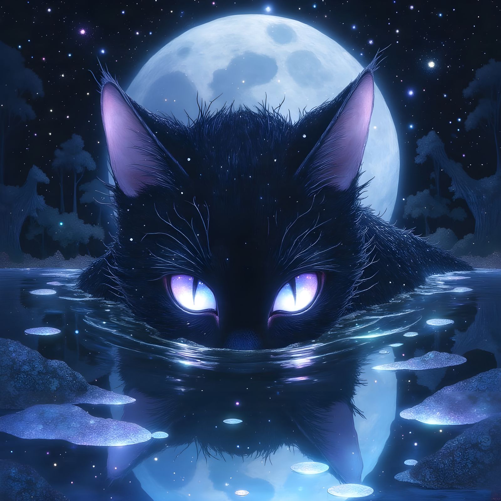 Magical Cat Dives into Moonlit Forest