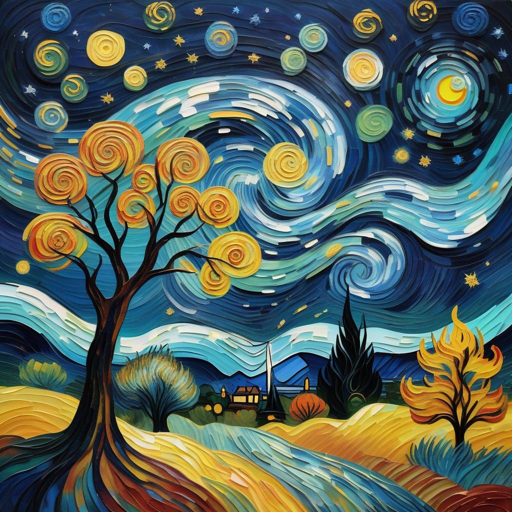 Starry Night Sky with Expressive Cosmic Trees in Van Gogh St...