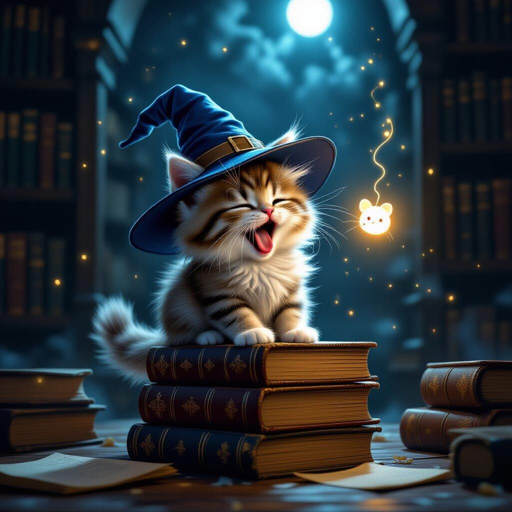 Cute Kitten Wizard Hat on Books in Dark Library
