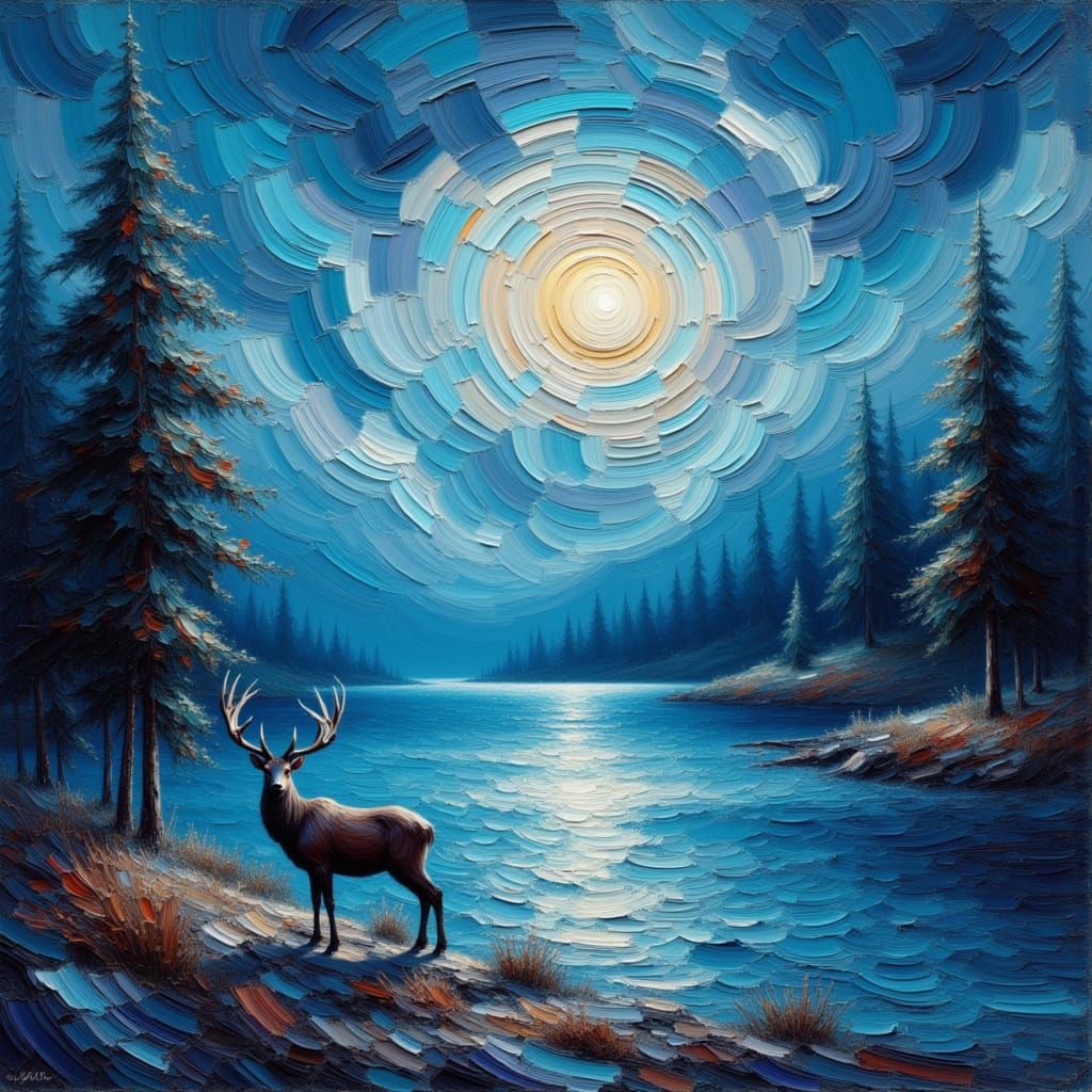 Moonlit Lakeside Scene With Deer in Impasto Style