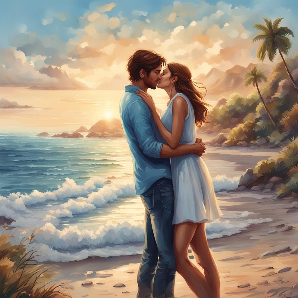 Romantic Couple Kissing on Beach in Hyperrealistic Style