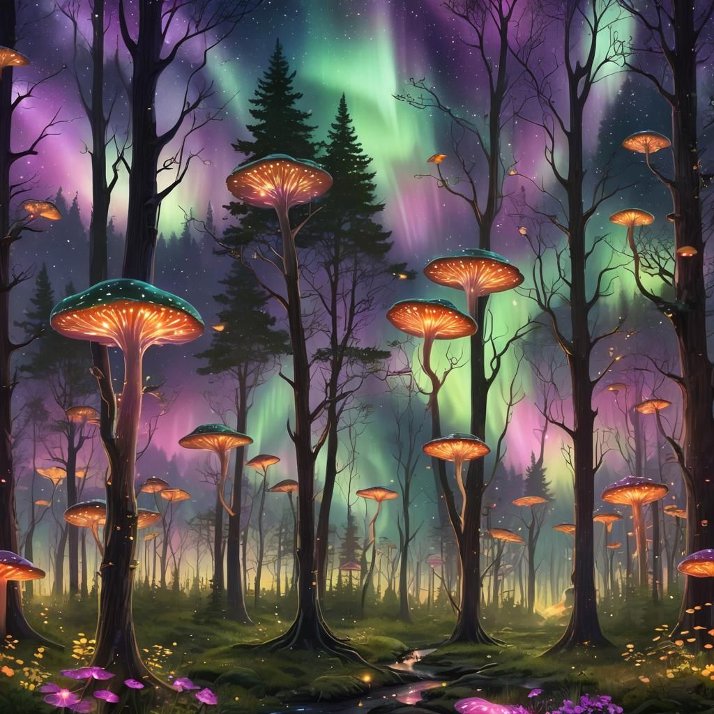 Ethereal Aurora Borealis Over Mystical Forest