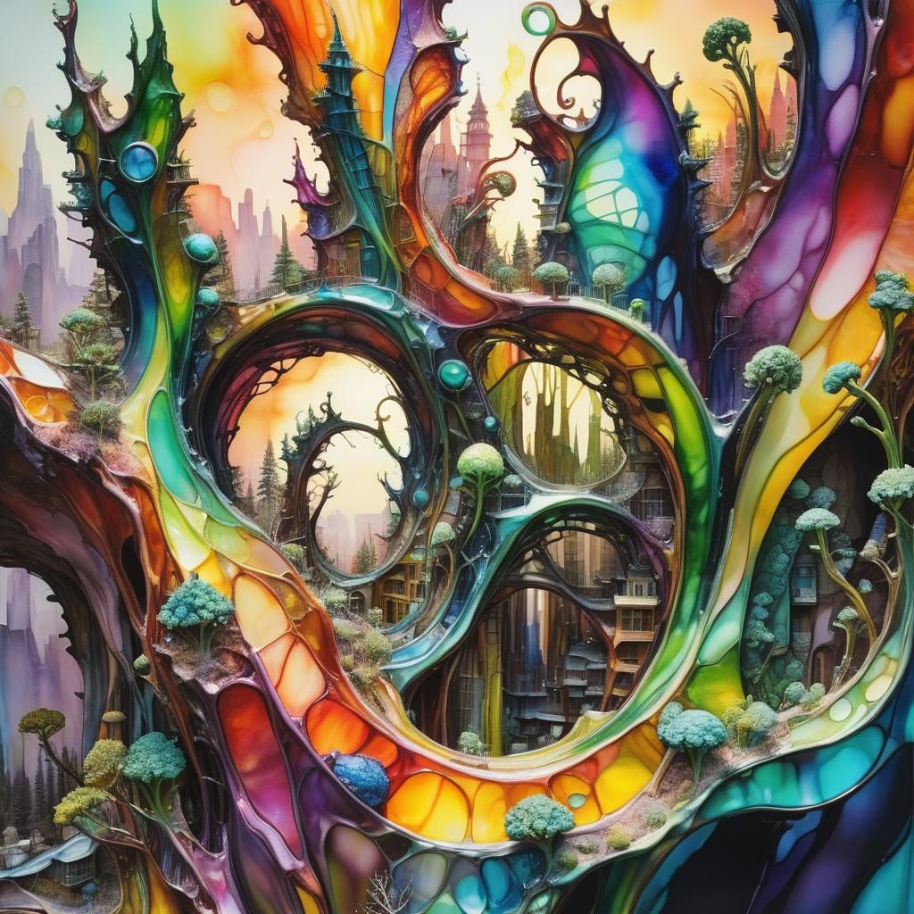 Opalescent Cliff City in Art Nouveau Style