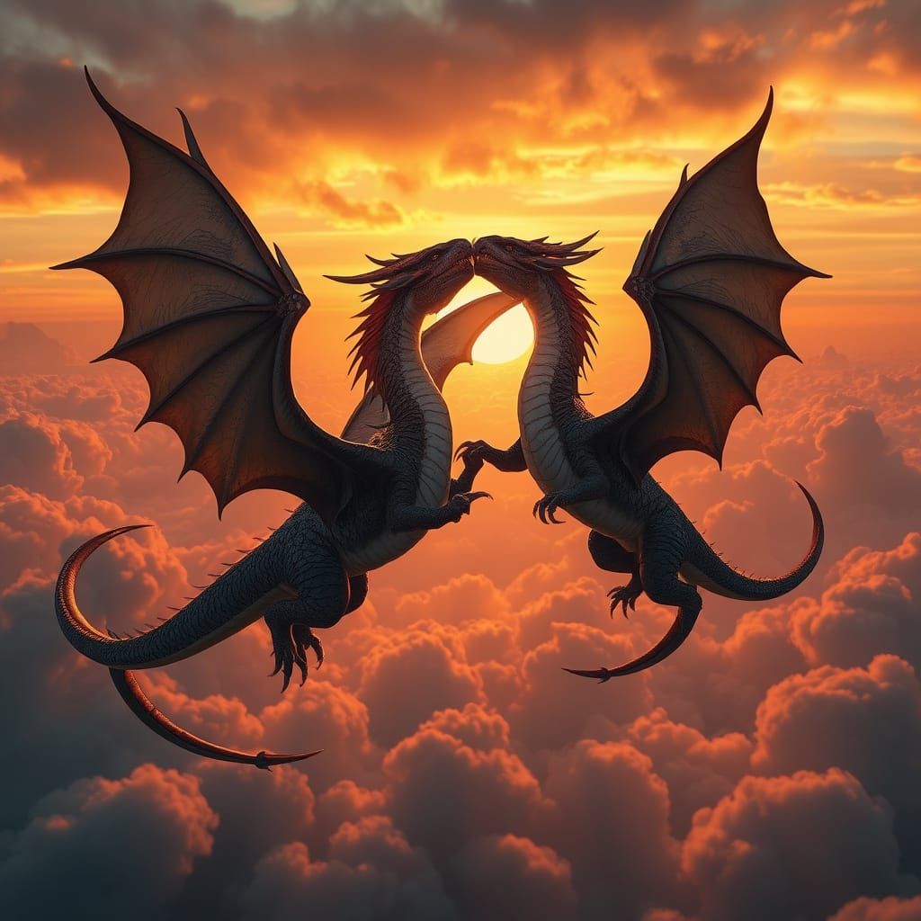 Western Dragons Dance in Unison Against a Golden Sunset