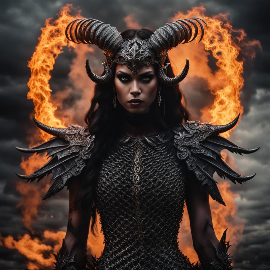Fiery Demon Woman in Ornate Chainmail