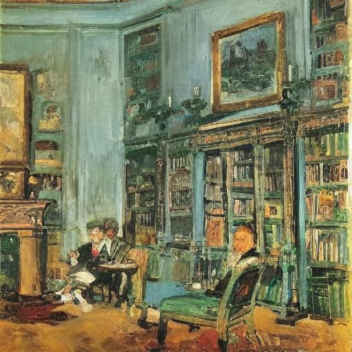 Ancient Library in Impressionist Style