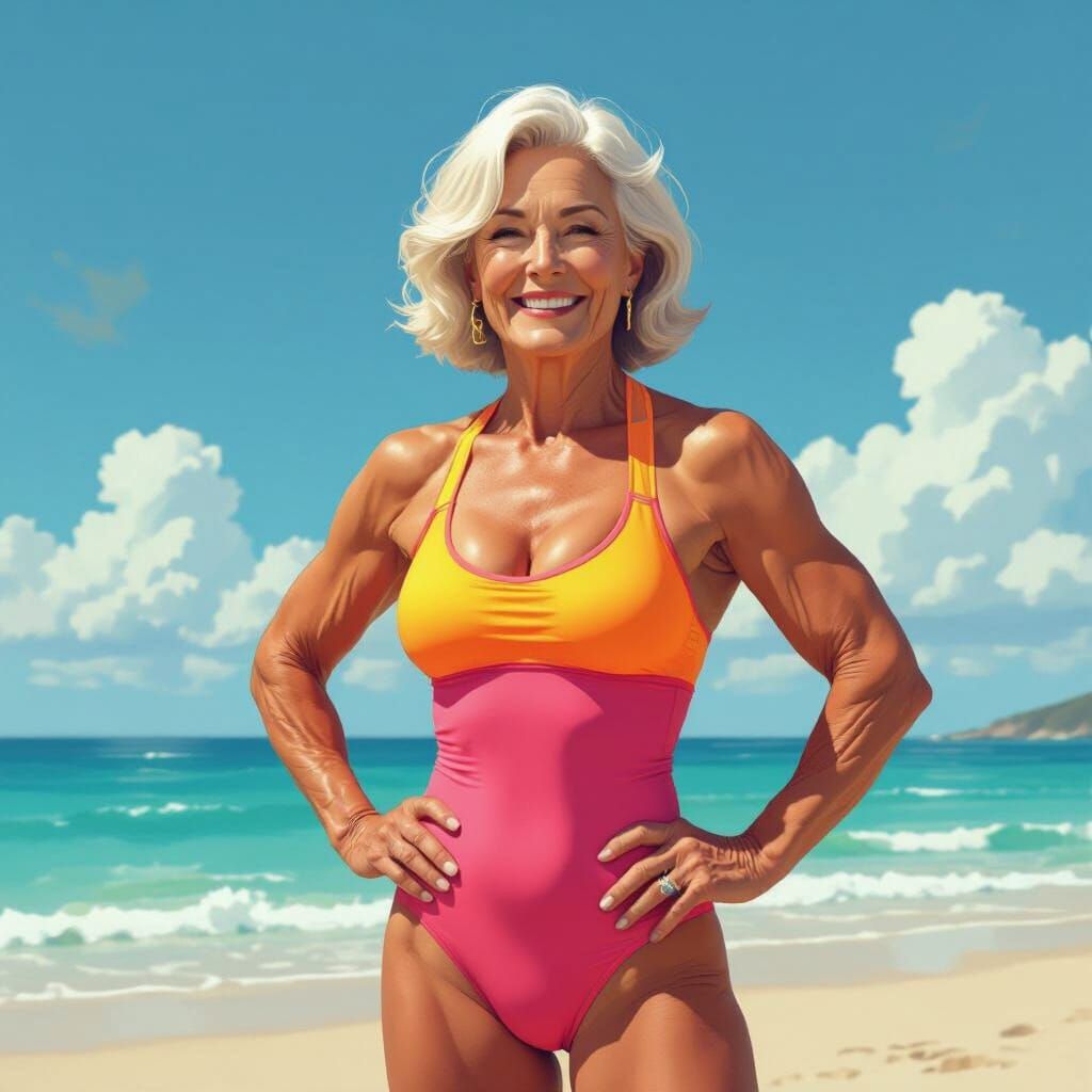 Elderly Bodybuilder on Beach in Digital Painting Style