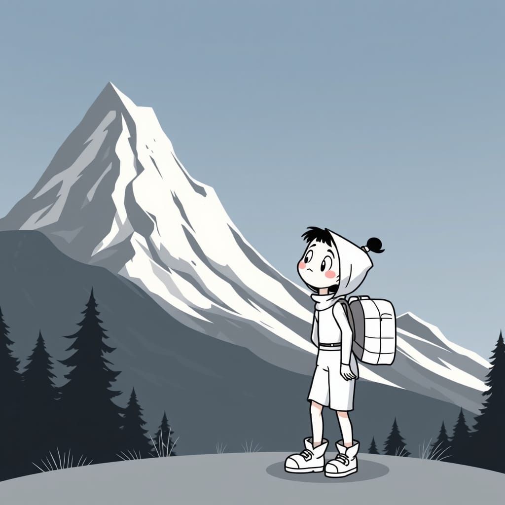 Cartoon Woman Climbs Gigantic Mountain in Skeptical Mood