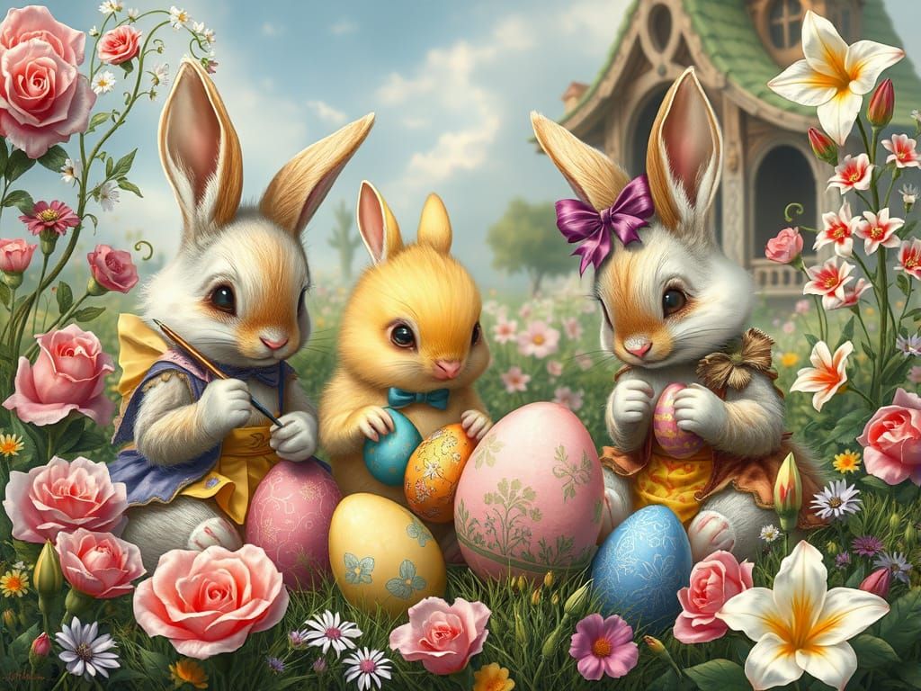 Easter Bunnies Painting Eggs in Dreamlike Meadow