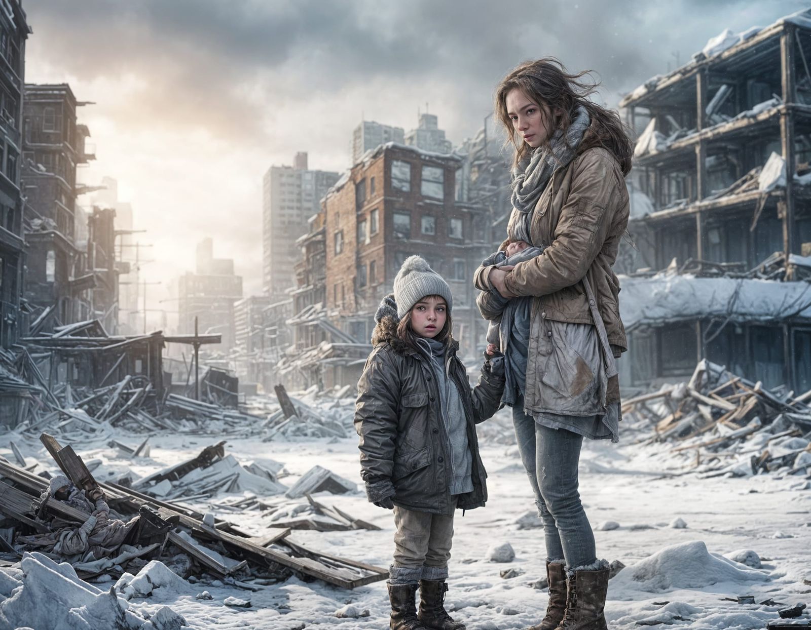 Post-Apocalyptic Mother's Devotion Amidst Wreckage in a Froz...