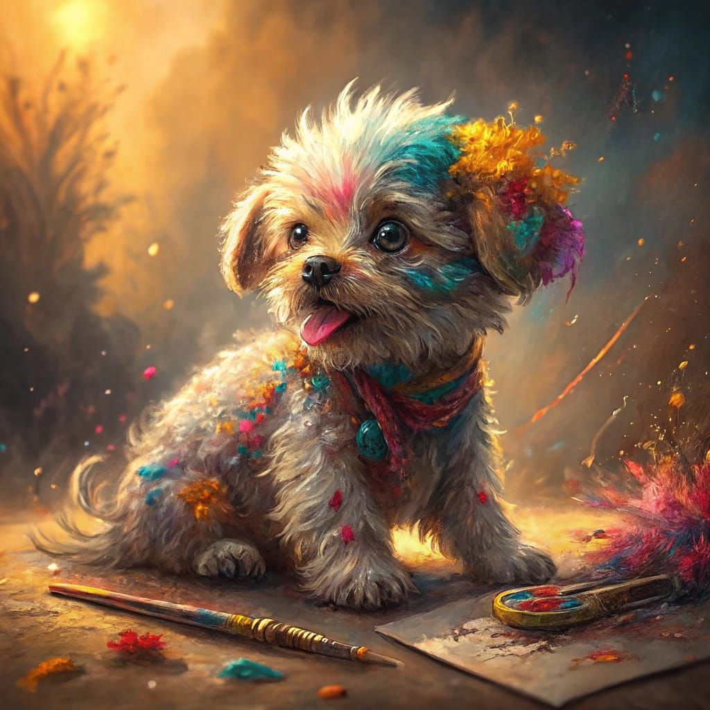 Vibrant Paint Splattered Puppy in a Dreamlike World