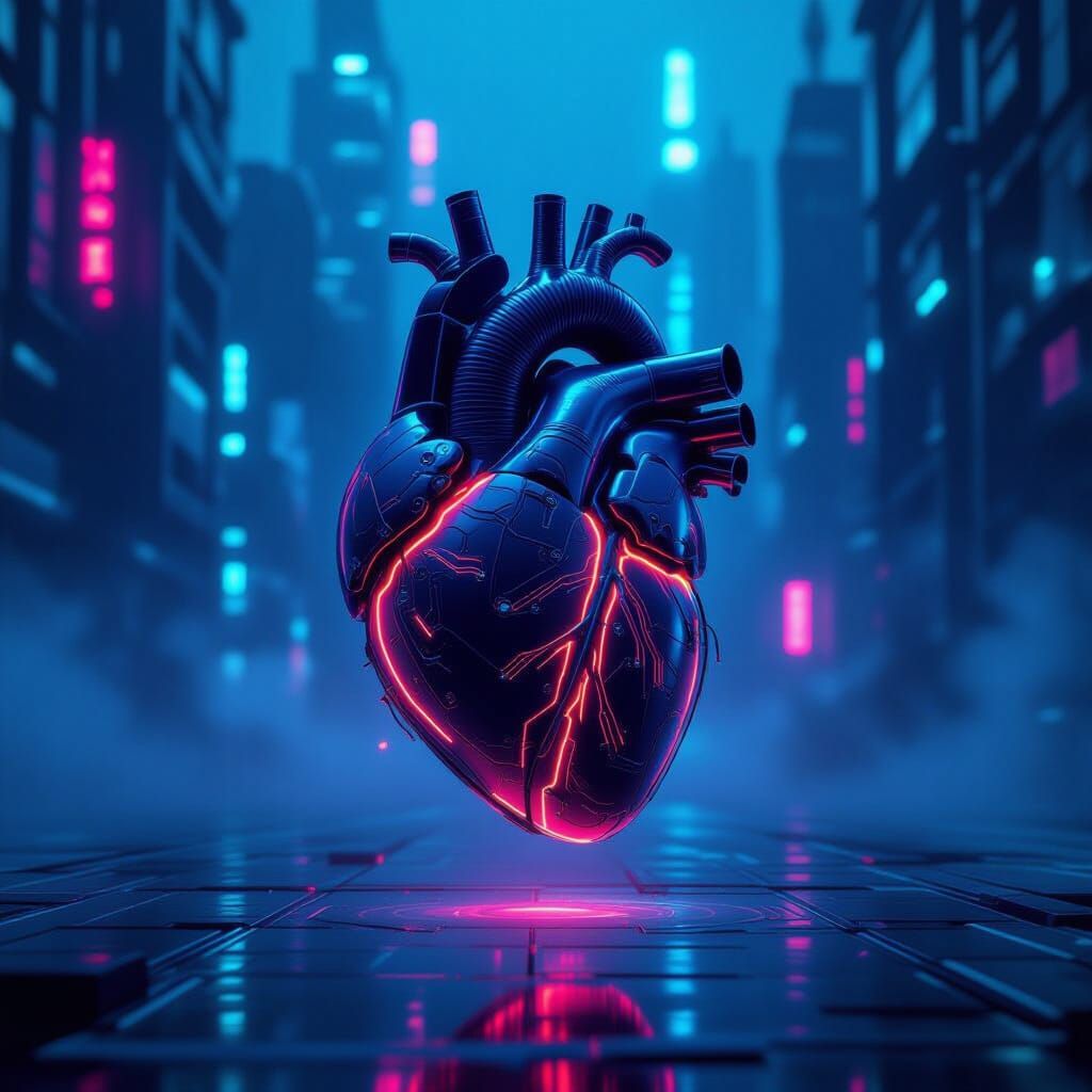Cyberpunk Mechanical Heart in Futuristic City