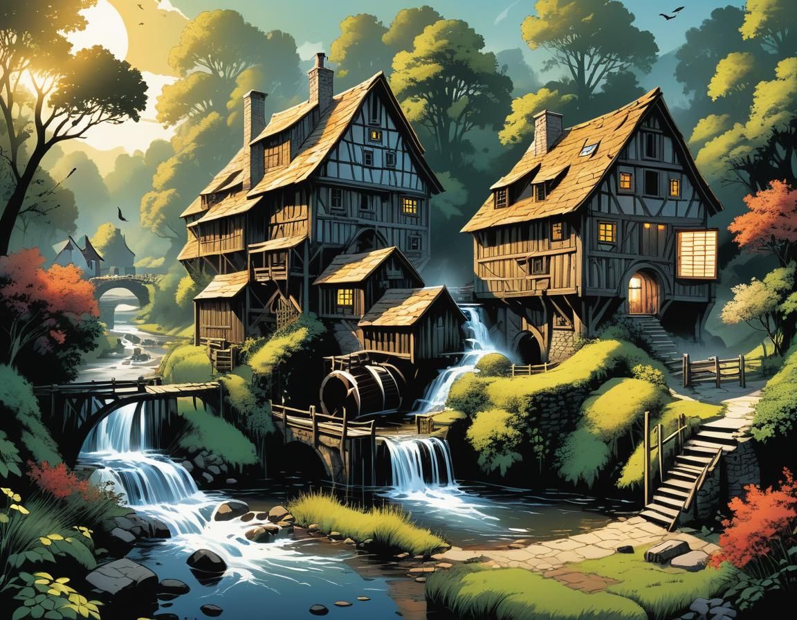 Happy Village with Water Mill, Comic Book Art