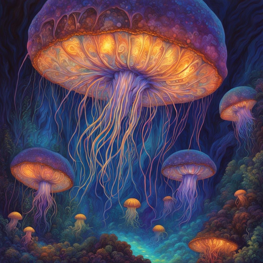 Ethereal Bioluminescent Encounter in Cosmic Depths