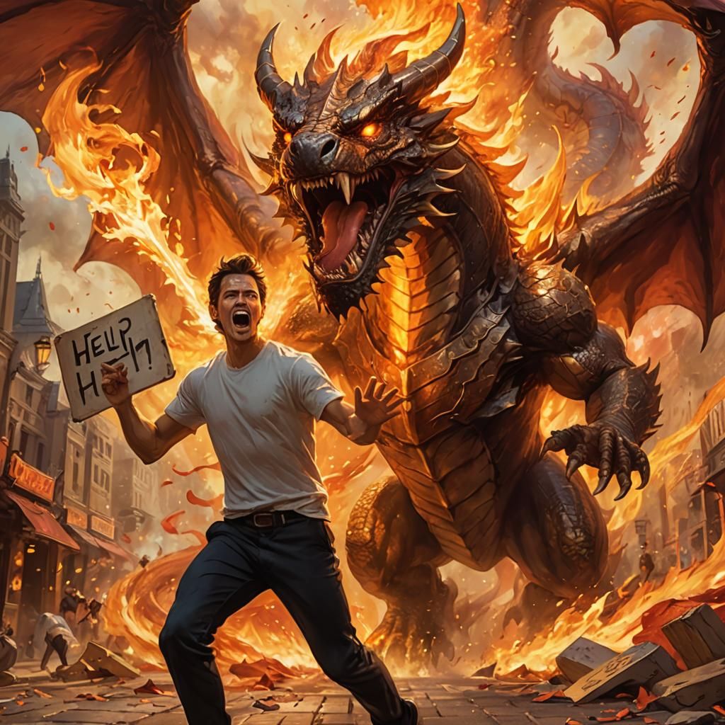 Man Selfies Dragon Attack in Frank Frazetta Style