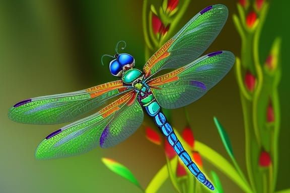 Jewel-Like Dragonfly on Flower, Digital Illustration