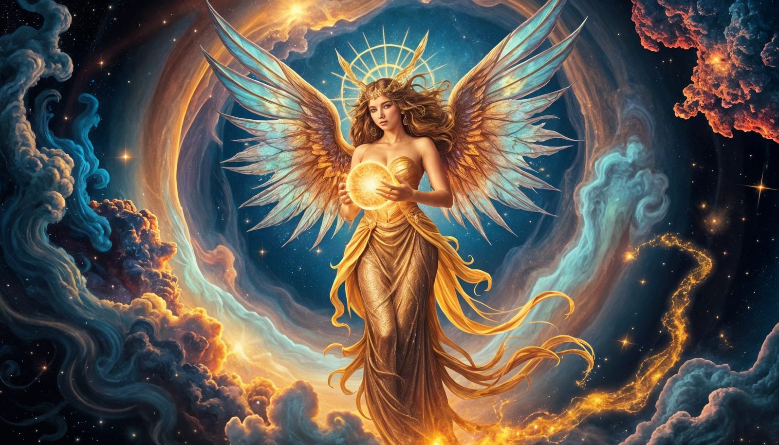 Celestial Goddess Emerges from Galaxy in Cosmic Art Style