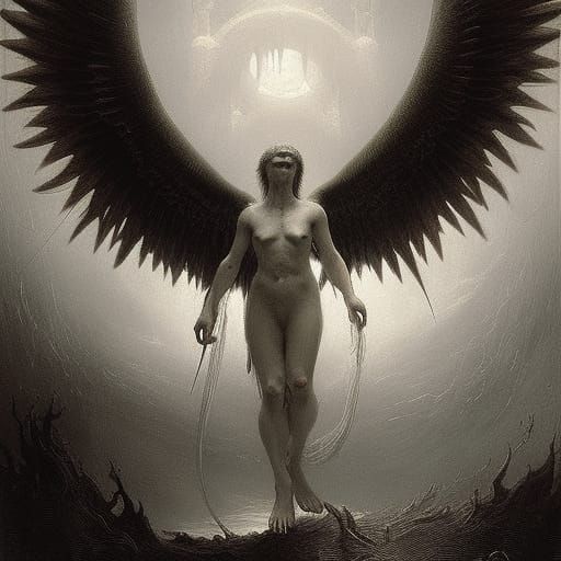 Horror Monster Angel with Black Wings