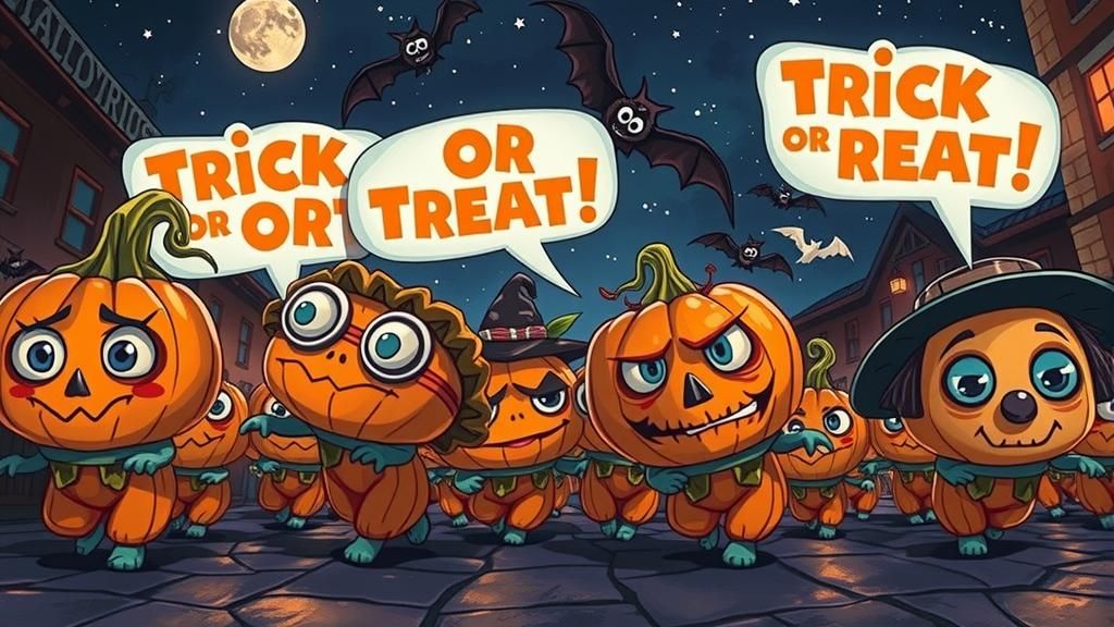 Chibi Monsters' Halloween Parade Under Starry Sky