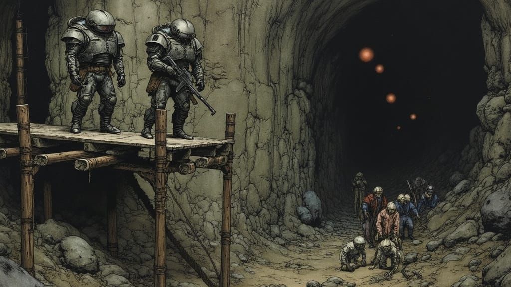 Armored Soldiers Patrol a Mine Shaft in a Cyberpunk Aestheti...