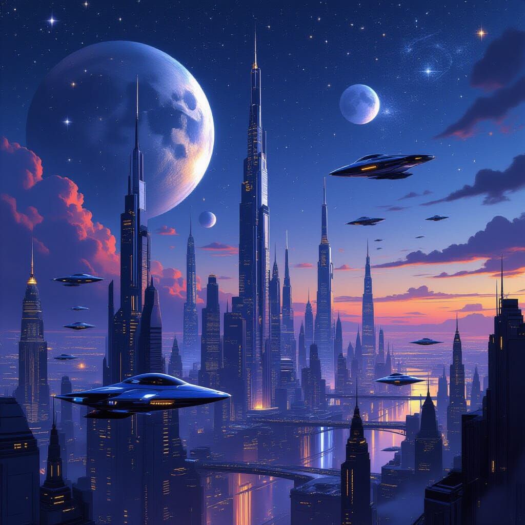 Futuristic Cityscape at Twilight with Alien Moons