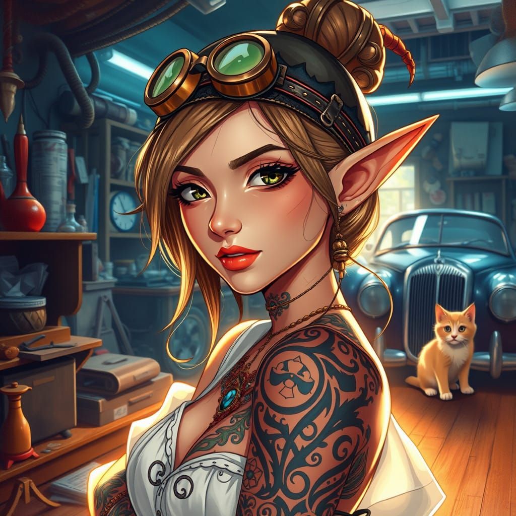 Beautiful elf woman with tattoos with a little grease on her nose , wearing a small steampunk hat, she is wearing small ...
