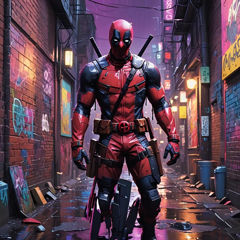 Deadpool in Alleyway as Low-Poly Art