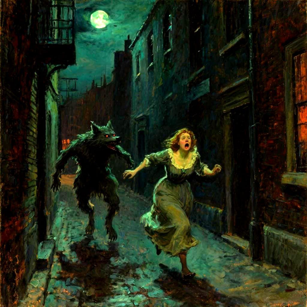 Victorian Woman Fleeing Werewolf in Impressionistic Horror