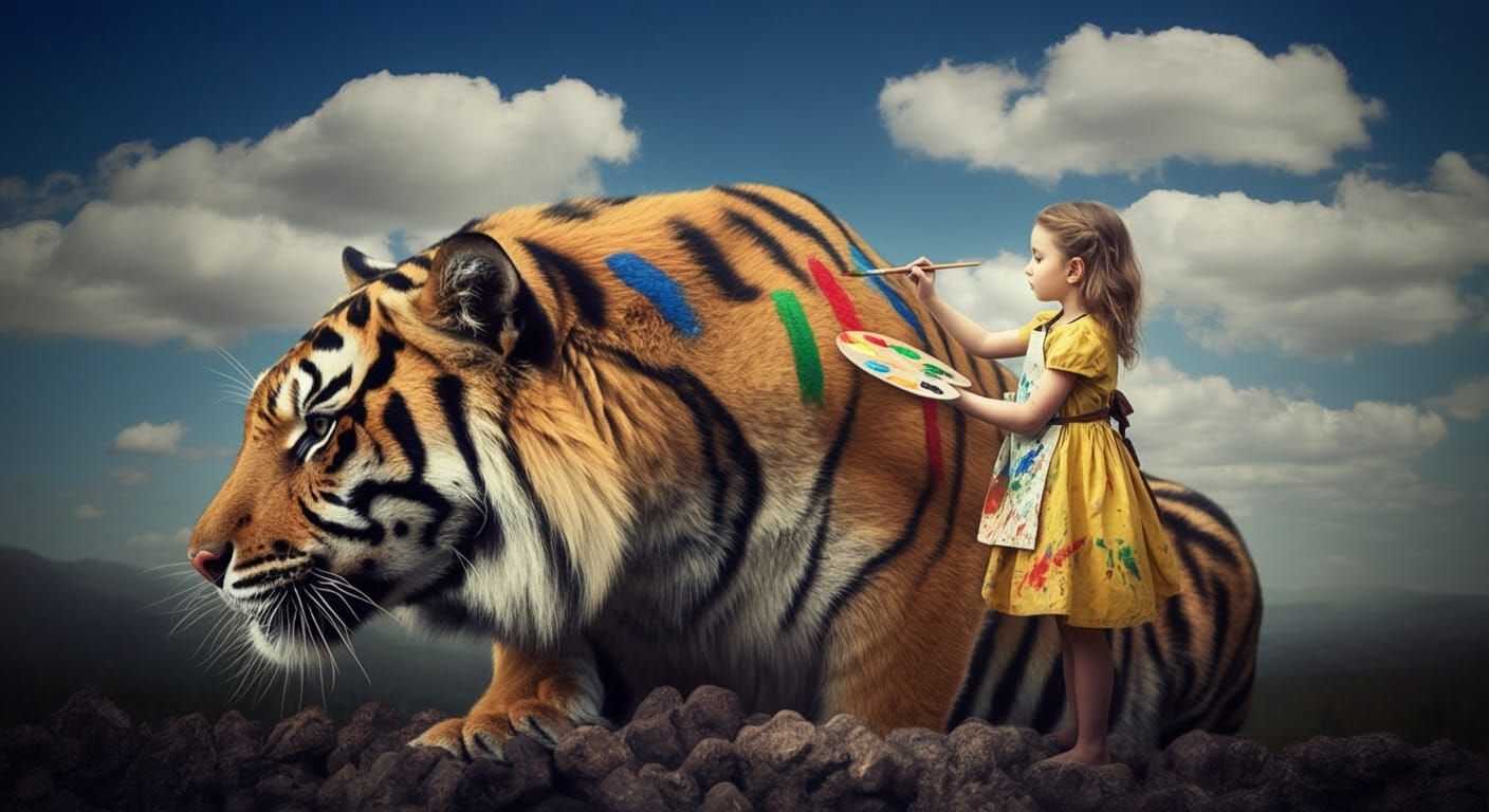 Girl Paints Stripes on Tiger, Surreal Pop Art